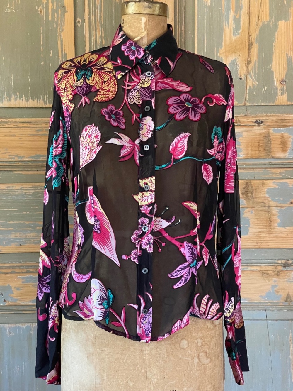 Vintage Y2K Blue Les Copains Sheer Floral Devore Blouse|Button Up Shirt | 10-12
